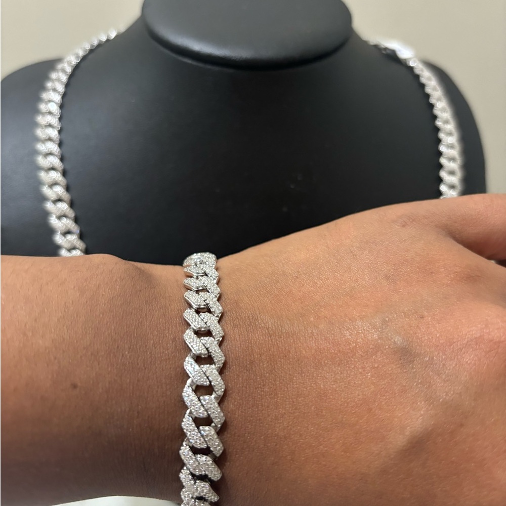 Genuine 925 Sterling Silver Iced Out Cuban Necklace & Bracelet Set - Picture 6 of 6
